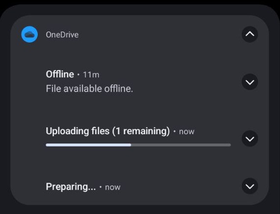 OneDrive upload notification panel